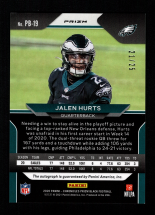 Jalen Hurts 2020 Panini Chronicles #PB-19 Prizm Black Blue Prizm /25 RC Auto