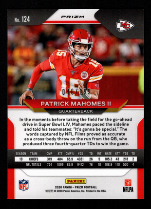 Patrick Mahomes II 2020 Panini Prizm #124 Blue Wave /199 Chiefs