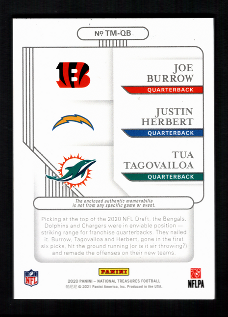 Justin Herbert/Joe Burrow 2020 National Treasures Trio Materials /99 Patch