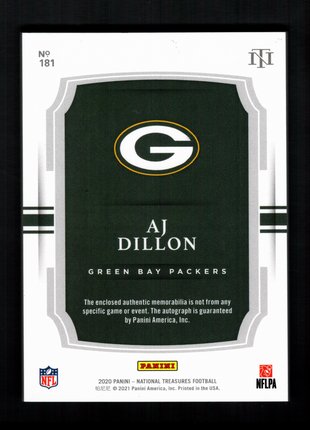 AJ Dillon 2020 Panini National Treasures #181 Rookie Patch /99 RC Auto Packers