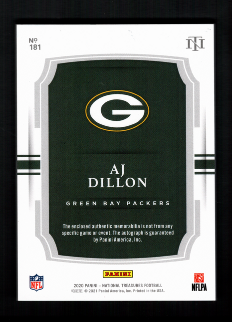 AJ Dillon 2020 Panini National Treasures #181 Rookie Patch /99 RC Auto Packers