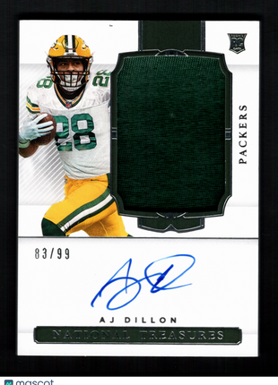 AJ Dillon 2020 Panini National Treasures #181 Rookie Patch /99 RC Auto Packers