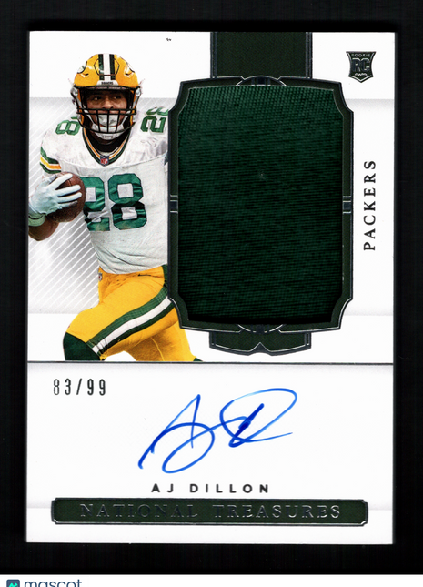AJ Dillon 2020 Panini National Treasures #181 Rookie Patch /99 RC Auto Packers