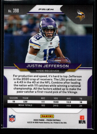 Justin Jefferson 2020 Panini Prizm #398 Orange Lazer Rookie RC Vikings