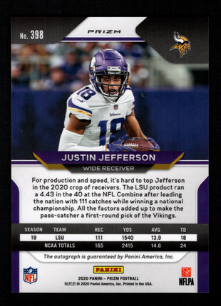 Justin Jefferson 2020 Panini Prizm #398 Silver Autograph RC Auto Vikings