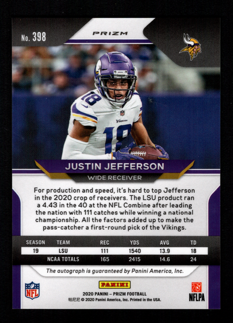 Justin Jefferson 2020 Panini Prizm #398 Silver Autograph RC Auto Vikings