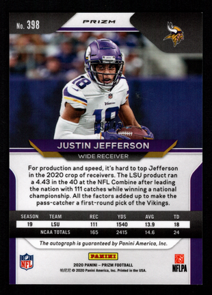 Justin Jefferson 2020 Panini Prizm #398 Purple Power /49 RC Auto Vikings