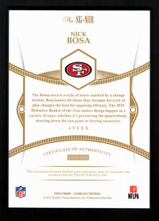 Nick Bosa 2020 Panini Flawless #SG-NIB Sapphire Signature Gloves /10 Patch Auto