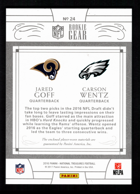 Jared Goff/Carson Wentz 2016 National Treasures #24 Rookie Gear /99 Dual Patch