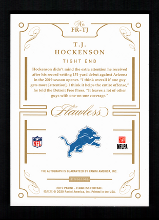 T.J. Hockenson 2020 Panini Flawless #FR-TJ Silver /20 Rookie RC Auto