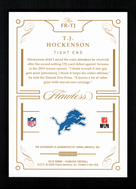 T.J. Hockenson 2020 Panini Flawless #FR-TJ Silver /20 Rookie RC Auto