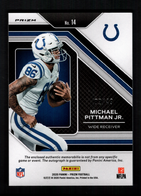 Michael Pittman Jr. 2020 Panini Prizm #14 Purple Power /49 Rookie Patch RC Auto