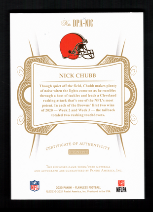 Nick Chubb 2020 Panini Flawless #DPA-NIC Ruby /10 Dual Patch Auto Browns