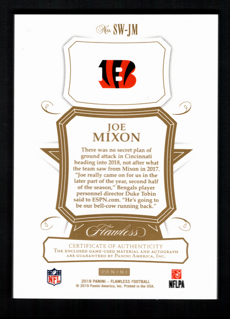 Joe Mixon 2018 Panini Flawless #SW-JM Star Swatch Signatures /20 Patch Auto