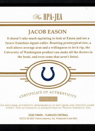 Jacob Eason 2020 Panini Flawless #RPA-JEA Emerald /5 Laundry Tag RC Auto
