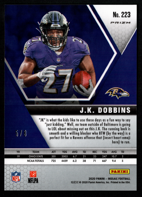 J.K. Dobbins 2020 Panini Mosaic #223 Black Gold Prizm /8 Rookie RC SSP Ravens