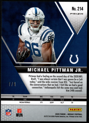 Michael Pittman Jr. 2020 Panini Mosaic #214 Black Gold Prizm /8 RC SSP Colts