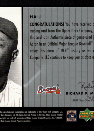 Hank Aaron 2000 Upper Deck Piece of History #HA-J 3000 Hit Club Game-Used Patch