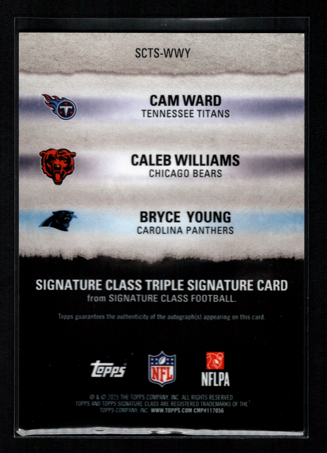 Cam Ward/Caleb Williams/Young 2025 Topps Signature Class Blue /5 Triple RC Auto