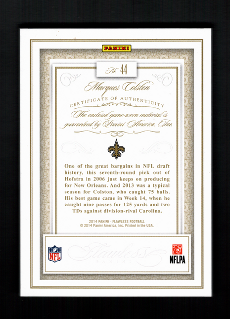 Marques Colston 2014 Panini Flawless #44 Game-Worn Jumbo Patch /10 Gold Saints