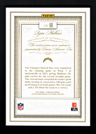 Ryan Mathews 2014 Panini Flawless #60 Game-Worn Jumbo Patch /10 Gold Chargers