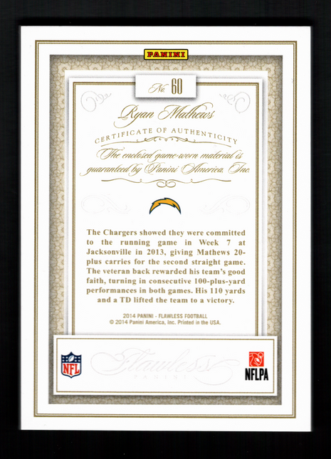 Ryan Mathews 2014 Panini Flawless #60 Game-Worn Jumbo Patch /10 Gold Chargers