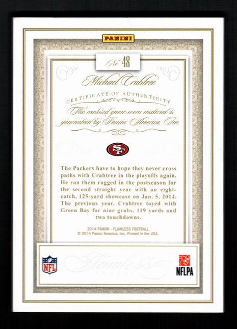 Michael Crabtree 2014 Panini Flawless #48 Game-Worn Jumbo Patch Ruby /15 49ers