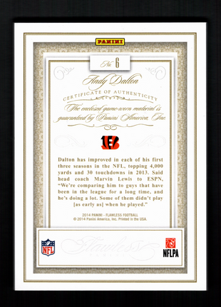 Andy Dalton 2014 Panini Flawless #6 Game-Worn Jumbo Patch Gold /10 Bengals