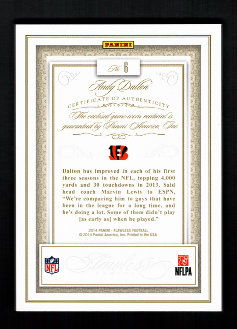 Andy Dalton 2014 Panini Flawless #6 Game-Worn Jumbo Patch Gold /10 Bengals