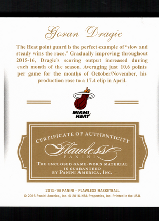 Goran Dragic 2015-16 Panini Flawless #10 Emerald /5 Game-Worn Jumbo Patch Heat