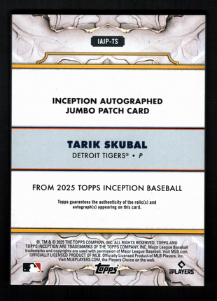 Tarik Skubal 2025 Topps Inception #IAJP-TS Blue /25 Patch Auto Tigers