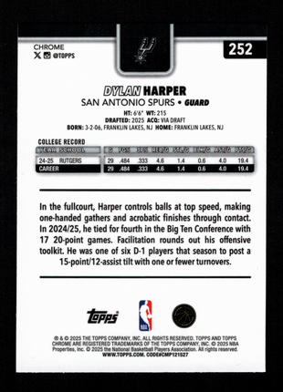 Dylan Harper 2025-26 Topps Chrome #252 X-Fractor Rookie RC Spurs