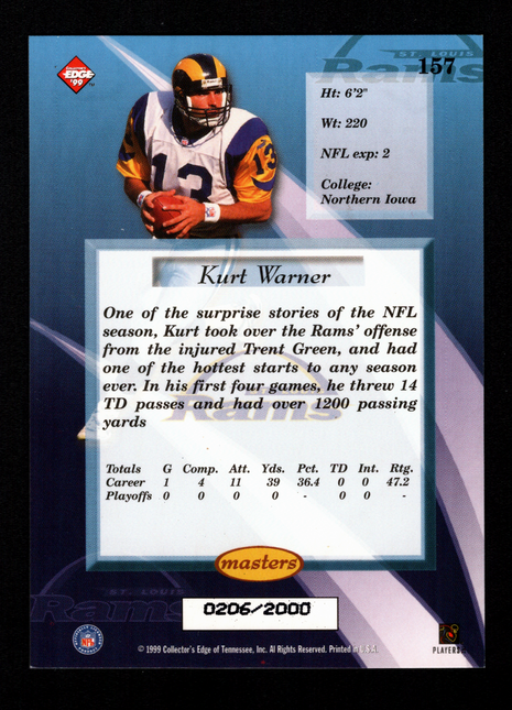 Kurt Warner 1999 Collector's Edge #157 Masters /2000 St. Louis Rams