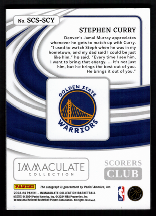 Stephen Curry 2023-24 Panini Immaculate #SCS-SCY Scorers Club /49 Auto