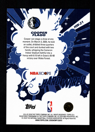 Cooper Flagg 2025-26 Topps #HW-21 NBA Hoops Hard Wired RC Mavericks