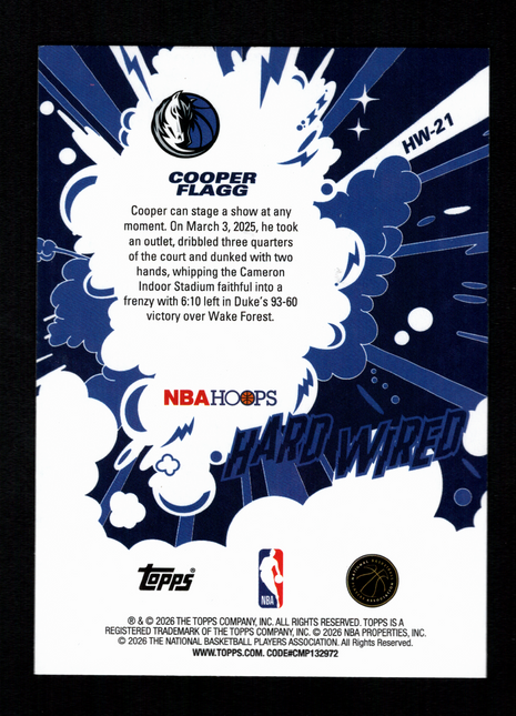 Cooper Flagg 2025-26 Topps #HW-21 NBA Hoops Hard Wired RC Mavericks