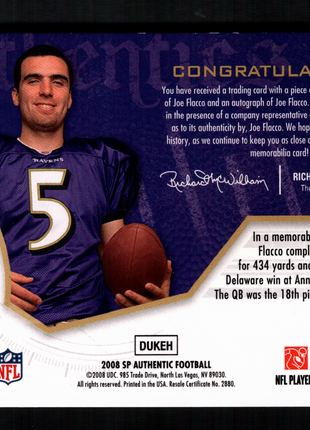 Joe Flacco 2008 Upper Deck SP Authentic Rookie Authentics Patch /999 RC Auto