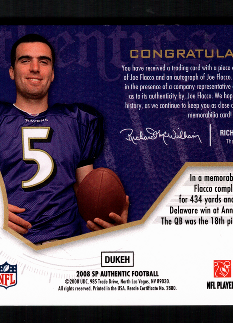 Joe Flacco 2008 Upper Deck SP Authentic Rookie Authentics Patch /999 RC Auto