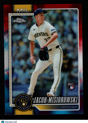 Jacob Misiorowski 2026 Topps Chrome #196 Red White & Blue Refractor RC Brewers