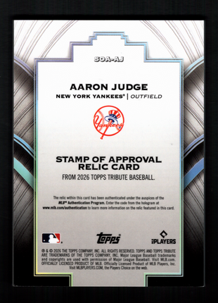 Aaron Judge 2026 Topps Tribute #SOA-AJ Stamp of Approval Green /99 Pin Stripe