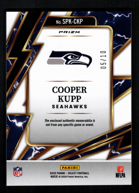 Cooper Kupp 2025 Panini Select #SPK-CKP Sparks Gold /10 3-Color Patch Seahawks