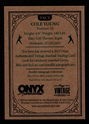 Cole Young 2022 Onyx Vintage Baseball Extended #VACY Blue Ink Auto Mariners