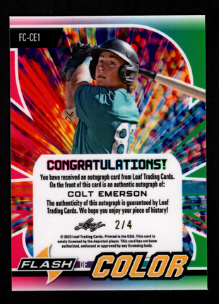 Colt Emerson 2023 Leaf Flash of Color #FC-CE1 Zebra /4 Auto Mariners