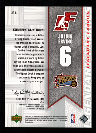 Julius Erving 2003 Upper Deck SP Game Used #JE-L Legendary Fabrics Patch 76ers