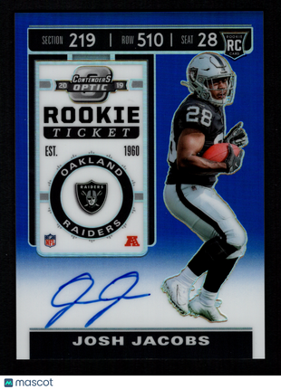 Josh Jacobs 2019 Panini Contenders Optic #124 Blue /75 Rookie Ticket RC Auto