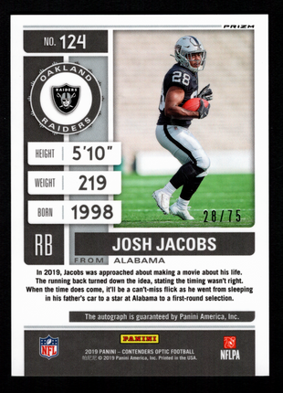 Josh Jacobs 2019 Panini Contenders Optic #124 Blue /75 Rookie Ticket RC Auto