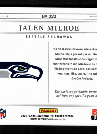 Jalen Milroe 2025 Panini National Treasures #220 Rookie Patches /25 RC Seahawks