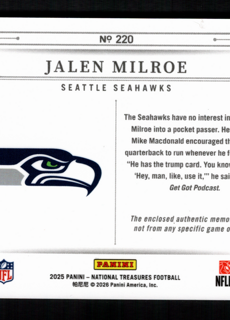 Jalen Milroe 2025 Panini National Treasures #220 Rookie Patches /25 RC Seahawks