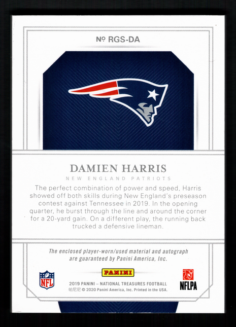 Damien Harris 2019 Panini National Treasures #RGS-DA NFL Shield 1/1 RC Auto