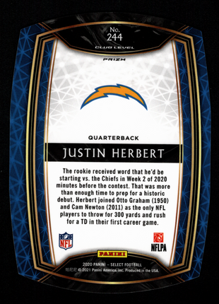 Justin Herbert 2020 Panini Select #244 Club Level Blue Die-Cut RC Chargers